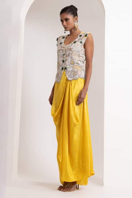 Oshi By Shikha_Off White Silk Embroidery, Beads, Metallic Zardozi Waistcoat And Draped Skirt _Online_at_Aza_Fashions