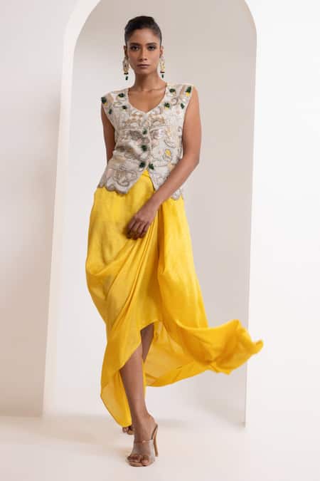 Buy_Oshi By Shikha_Off White Silk Embroidery, Beads, Metallic Zardozi Waistcoat And Draped Skirt _Online_at_Aza_Fashions