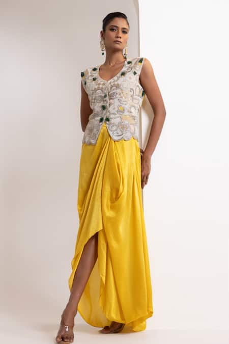 Oshi By Shikha Zardozi Embroidered Waistcoat & Draped Skirt 