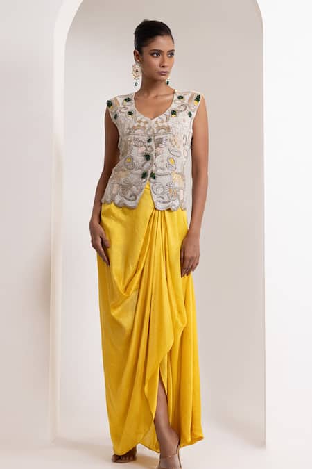 Oshi By Shikha Zardozi Embroidered Waistcoat & Draped Skirt 