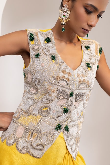 Buy_Oshi By Shikha_Off White Silk Embroidery, Beads, Metallic Zardozi Waistcoat And Draped Skirt 