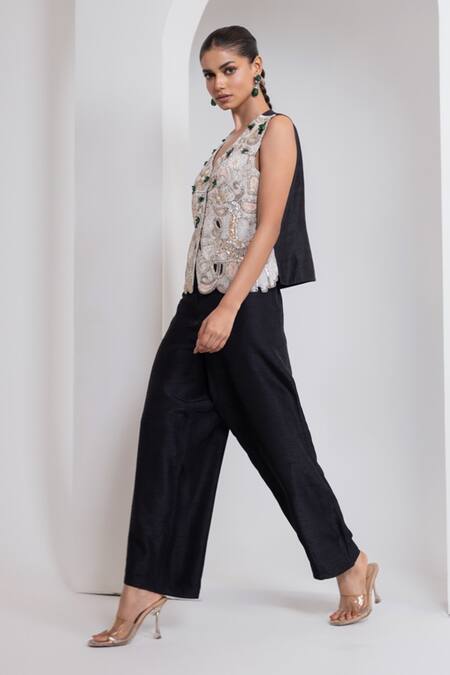 Oshi By Shikha_Off White Silk Embroidery, Beads, Metallic Thread Zardozi Waistcoat And Pant Set _Online_at_Aza_Fashions