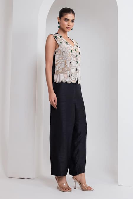 Buy_Oshi By Shikha_Off White Silk Embroidery, Beads, Metallic Thread Zardozi Waistcoat And Pant Set _Online_at_Aza_Fashions