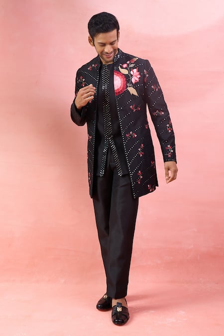 Shop_Arihant Rai Sinha_Black Silk Mirrors, Embroidery And Thread Bandhgala Set _Online_at_Aza_Fashions
