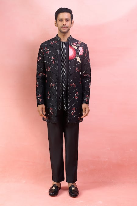 Arihant Rai Sinha_Black Silk Mirrors, Embroidery And Thread Bandhgala Set _at_Aza_Fashions