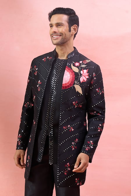 Buy_Arihant Rai Sinha_Black Silk Mirrors, Embroidery And Thread Bandhgala Set 