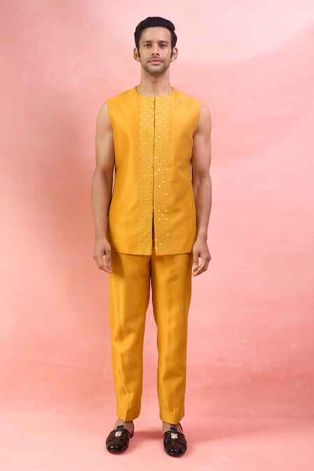 Arihant Rai Sinha_Yellow Silk Mirrors, Embroidery Work Bandhgala Set _Online_at_Aza_Fashions