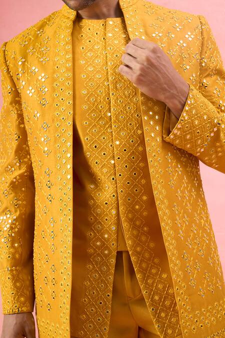 Shop_Arihant Rai Sinha_Yellow Silk Mirrors, Embroidery Work Bandhgala Set _Online_at_Aza_Fashions