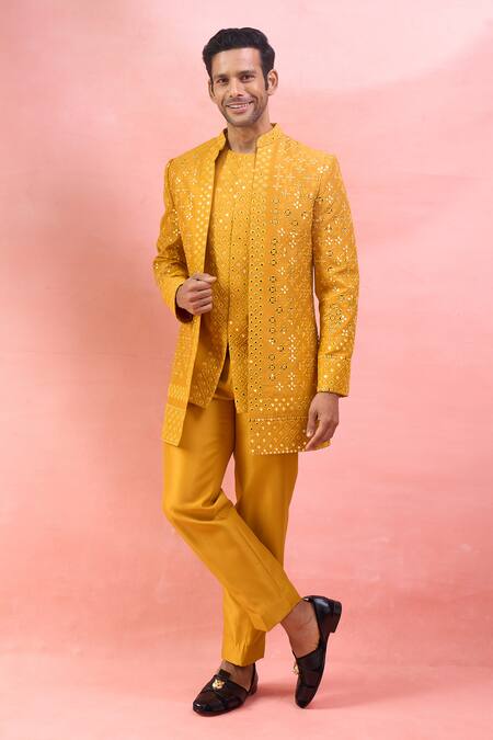 Arihant Rai Sinha_Yellow Silk Mirrors, Embroidery Work Bandhgala Set _at_Aza_Fashions