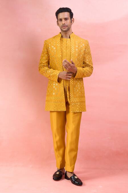 Buy_Arihant Rai Sinha_Yellow Silk Mirrors, Embroidery Work Bandhgala Set 