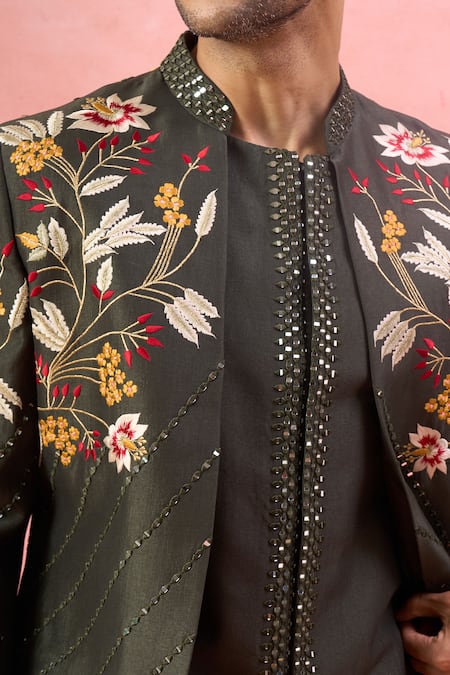 Arihant Rai Sinha Green Silk Mirrors, Embroidery Work And Thread Bandhgala Set Online at Aza Fashions Arihant Rai Sinha_Green Silk Mirrors, Embroidery Work And Thread Bandhgala Set _Online_at_Aza_Fashions