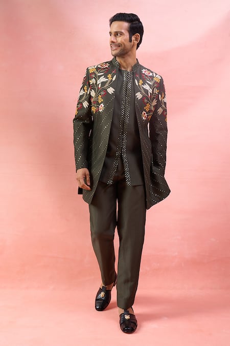 Buy Arihant Rai Sinha Green Silk Mirrors, Embroidery Work And Thread Bandhgala Set Online at Aza Fashions Buy_Arihant Rai Sinha_Green Silk Mirrors, Embroidery Work And Thread Bandhgala Set _Online_at_Aza_Fashions