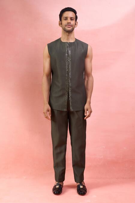 Buy Arihant Rai Sinha Green Silk Mirrors, Embroidery Work And Thread Bandhgala Set Buy_Arihant Rai Sinha_Green Silk Mirrors, Embroidery Work And Thread Bandhgala Set