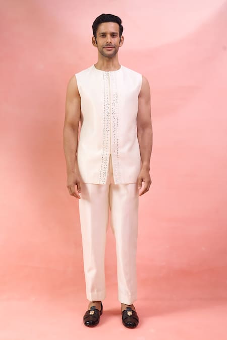 Arihant Rai Sinha_White Silk Mirrors, Embroidery Work And Thread Bandhgala Set _Online_at_Aza_Fashions