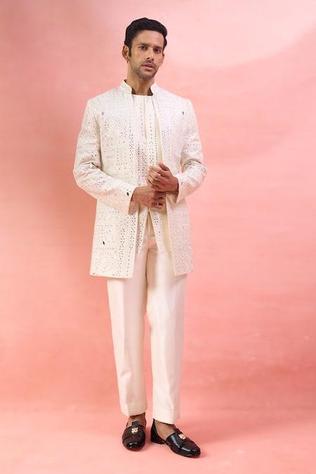 Buy_Arihant Rai Sinha_White Silk Mirrors, Embroidery Work And Thread Bandhgala Set _Online_at_Aza_Fashions