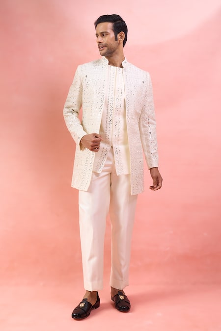 Shop_Arihant Rai Sinha_White Silk Mirrors, Embroidery Work And Thread Bandhgala Set _Online_at_Aza_Fashions