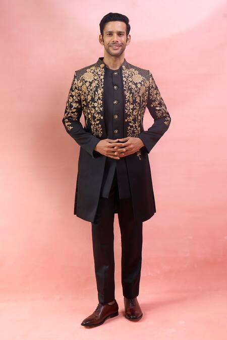 Buy_Arihant Rai Sinha_Black Rayon Zari, Stones, Embroidery Achkan Jacket And Kurta Set _Online_at_Aza_Fashions