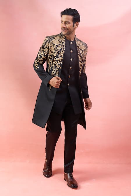 Shop_Arihant Rai Sinha_Black Rayon Zari, Stones, Embroidery Achkan Jacket And Kurta Set _Online_at_Aza_Fashions