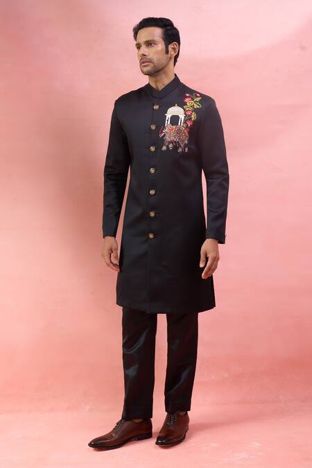 Arihant Rai Sinha_Black Terrycloth Embroidery Bandhgala And Pant Set _Online_at_Aza_Fashions