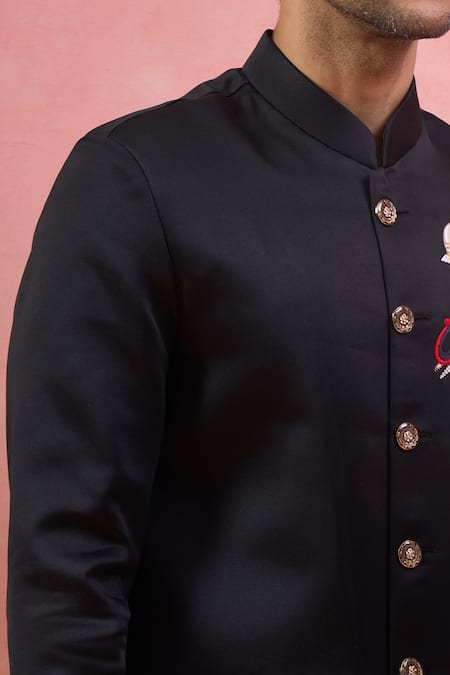 Buy_Arihant Rai Sinha_Black Terrycloth Embroidery Bandhgala And Pant Set _Online_at_Aza_Fashions