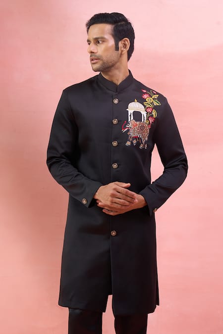 Arihant Rai Sinha_Black Terrycloth Embroidery Bandhgala And Pant Set _at_Aza_Fashions