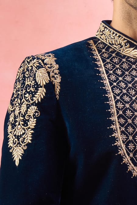 Arihant Rai Sinha_Navy Velvet Embroidery, Rhinestones Sherwani And Pant Set _Online_at_Aza_Fashions