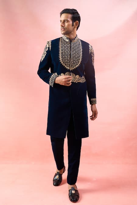 Shop_Arihant Rai Sinha_Navy Velvet Embroidery, Rhinestones Sherwani And Pant Set _Online_at_Aza_Fashions