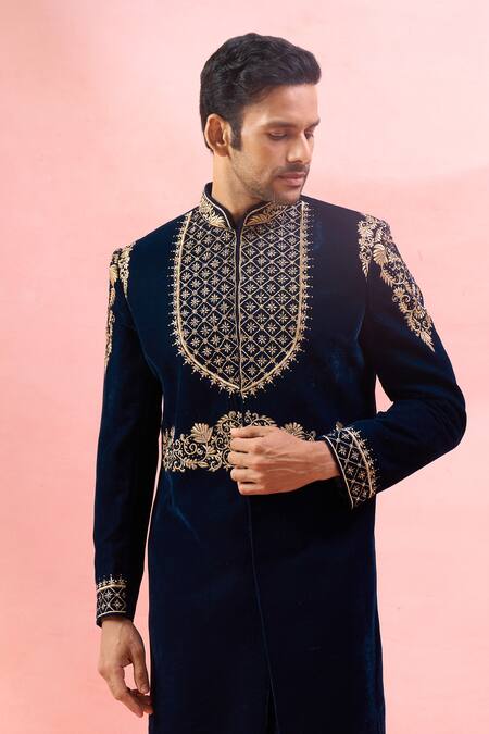 Arihant Rai Sinha_Navy Velvet Embroidery, Rhinestones Sherwani And Pant Set _at_Aza_Fashions