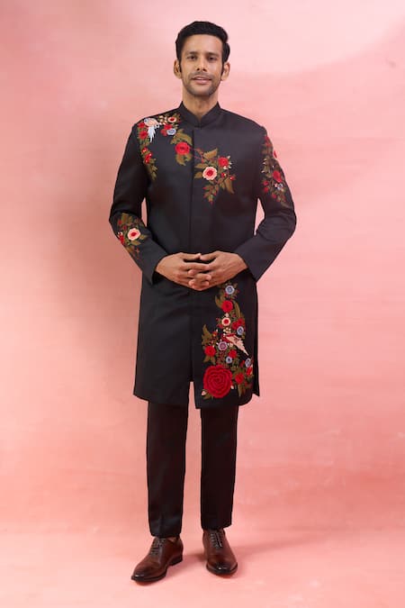 Arihant Rai Sinha_Black Rayon Embroidery Sherwani Set _Online_at_Aza_Fashions
