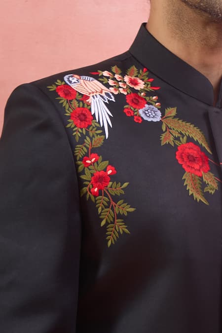 Buy_Arihant Rai Sinha_Black Rayon Embroidery Sherwani Set _Online_at_Aza_Fashions