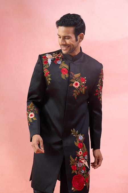 Shop_Arihant Rai Sinha_Black Rayon Embroidery Sherwani Set _Online_at_Aza_Fashions