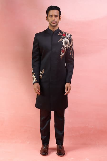 Shop_Arihant Rai Sinha_Black Terrycloth Embroidery Bandhgala And Pant Set _Online_at_Aza_Fashions