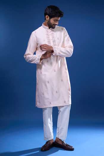 Arihant Rai Sinha_Pink Silk Embroidery Bloom And Mirror Kurta Set _at_Aza_Fashions
