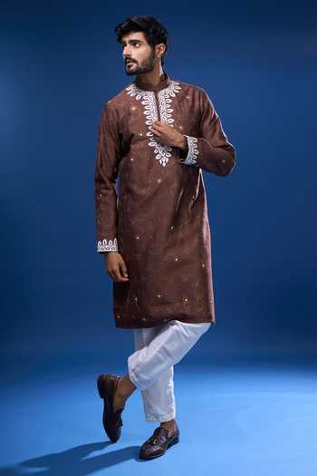 Arihant Rai Sinha_Brown Silk Embroidery Floret Kurta Pant Set _Online_at_Aza_Fashions