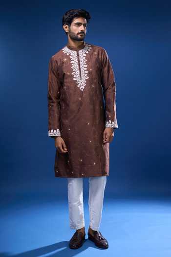 Buy_Arihant Rai Sinha_Brown Silk Embroidery Floret Kurta Pant Set _Online_at_Aza_Fashions