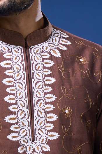 Shop_Arihant Rai Sinha_Brown Silk Embroidery Floret Kurta Pant Set _Online_at_Aza_Fashions