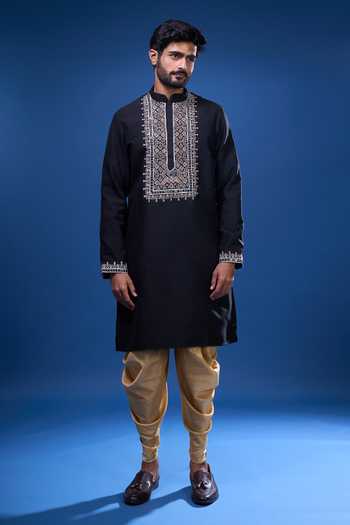 Shop Arihant Rai Sinha Black Silk Embroidery Geometric Kurta Pant Set Online at Aza Fashions Shop_Arihant Rai Sinha_Black Silk Embroidery Geometric Kurta Pant Set _Online_at_Aza_Fashions