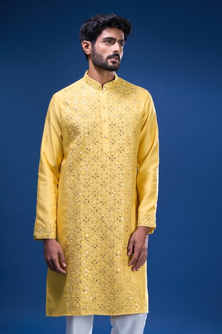 Shop Arihant Rai Sinha Yellow Silk Mirrors, Embroidery Kurta Set Online at Aza Fashions Shop_Arihant Rai Sinha_Yellow Silk Mirrors, Embroidery Kurta Set _Online_at_Aza_Fashions