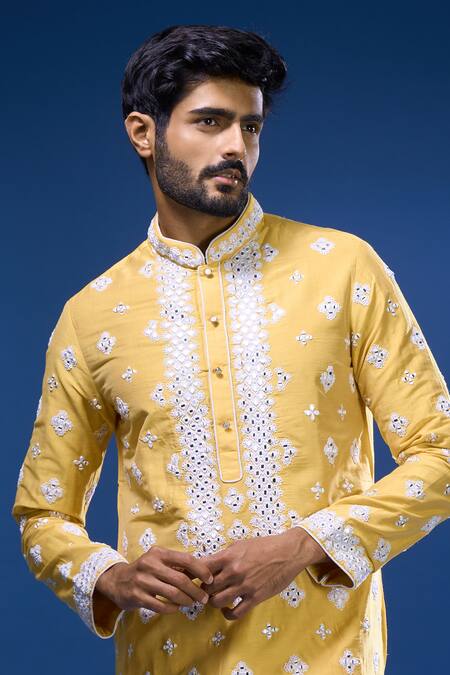 Arihant Rai Sinha Mustard Silk Embroidery, Mirrors Floral And Kurta Set Online at Aza Fashions Arihant Rai Sinha_Mustard Silk Embroidery, Mirrors Floral And Kurta Set _Online_at_Aza_Fashions