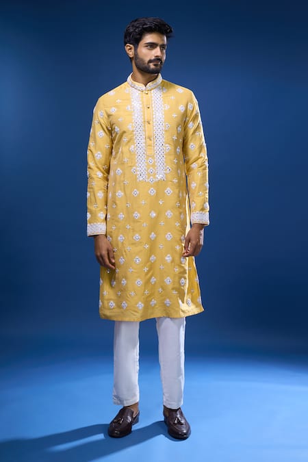 Shop Arihant Rai Sinha Mustard Silk Embroidery, Mirrors Floral And Kurta Set Online at Aza Fashions Shop_Arihant Rai Sinha_Mustard Silk Embroidery, Mirrors Floral And Kurta Set _Online_at_Aza_Fashions