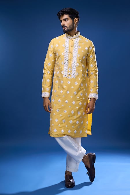 Arihant Rai Sinha Mustard Silk Embroidery, Mirrors Floral And Kurta Set 