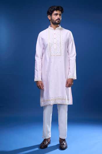 Arihant Rai Sinha_Pink Silk Embroidery, Mirrors Work Kurta Pant Set _Online_at_Aza_Fashions