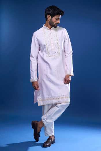 Buy_Arihant Rai Sinha_Pink Silk Embroidery, Mirrors Work Kurta Pant Set _Online_at_Aza_Fashions