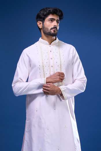 Shop_Arihant Rai Sinha_Pink Silk Embroidery, Mirrors Work Kurta Pant Set _Online_at_Aza_Fashions