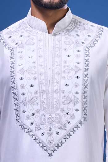 Arihant Rai Sinha_White Silk Embroidery, Mirrors Floral And Work Kurta Pant Set _Online_at_Aza_Fashions