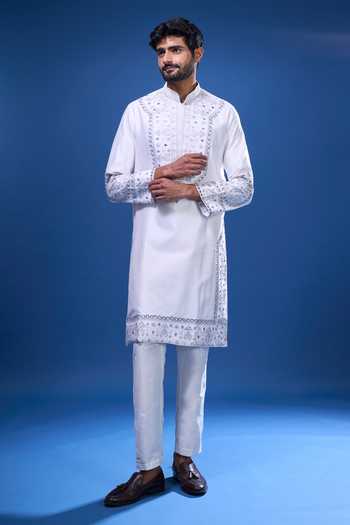Buy_Arihant Rai Sinha_White Silk Embroidery, Mirrors Floral And Work Kurta Pant Set _Online_at_Aza_Fashions