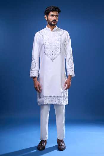 Shop_Arihant Rai Sinha_White Silk Embroidery, Mirrors Floral And Work Kurta Pant Set _Online_at_Aza_Fashions