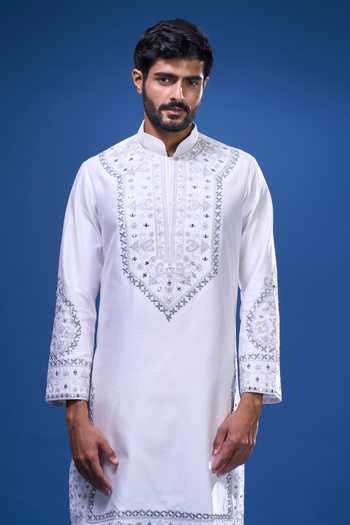 Buy_Arihant Rai Sinha_White Silk Embroidery, Mirrors Floral And Work Kurta Pant Set 