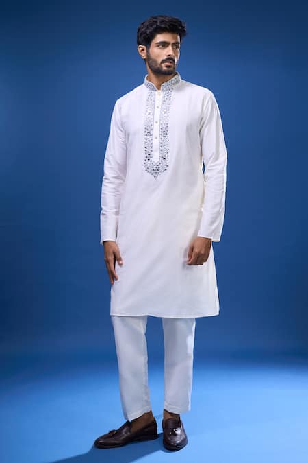 Arihant Rai Sinha Cream Silk Embroidery, Mirrors Work Kurta Pant Set 