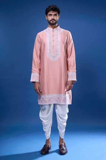 Shop Arihant Rai Sinha Pink Silk Embroidery, Mirrors Floret And Work Kurta Pant Set Online at Aza Fashions Shop_Arihant Rai Sinha_Pink Silk Embroidery, Mirrors Floret And Work Kurta Pant Set _Online_at_Aza_Fashions